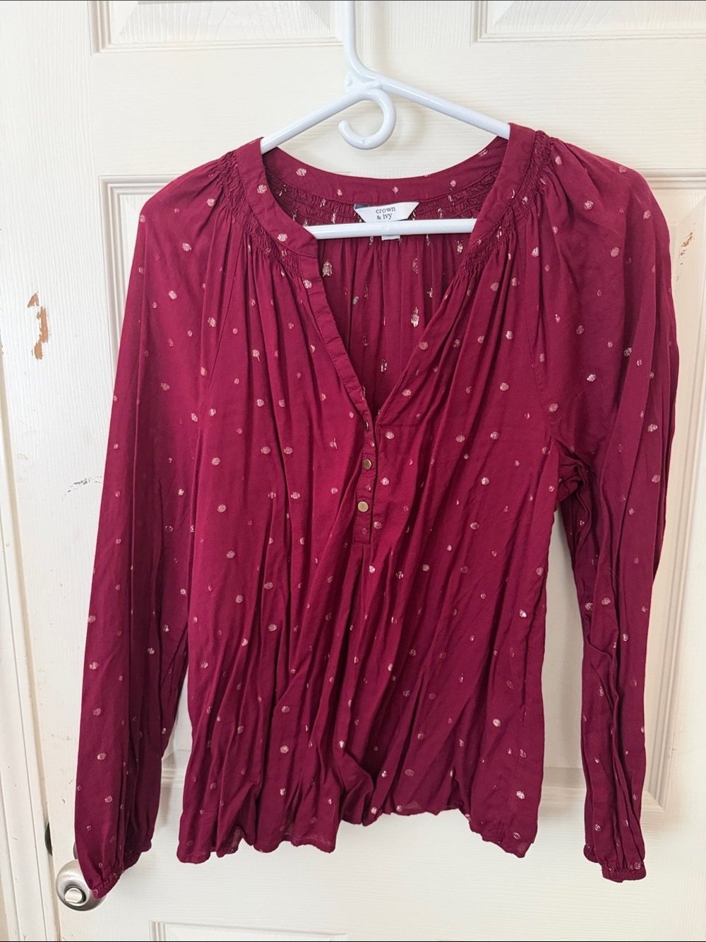 crown & ivy Wine Red Long Sleeve Dot-Print Henley Blouse